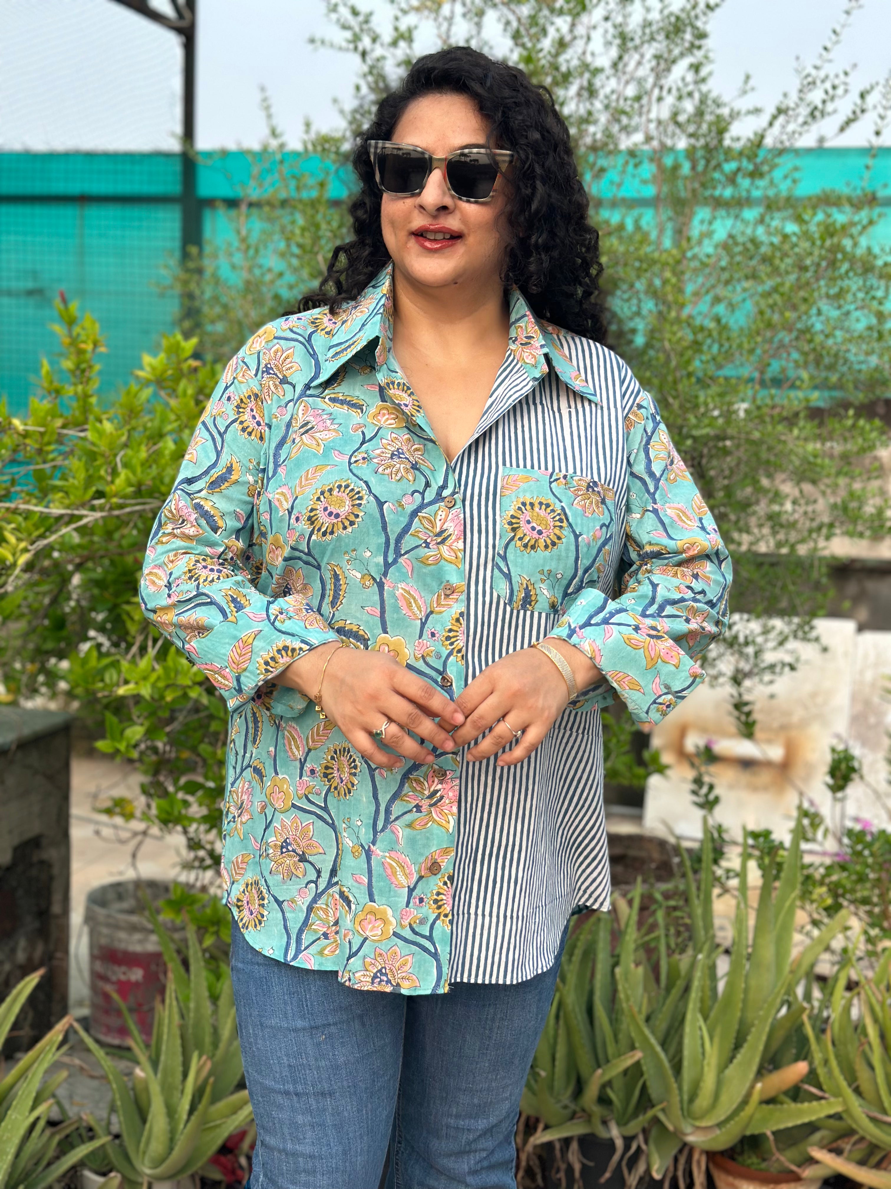 Ocean Medley – Premium Cotton Sanganeri Hand Block Print Shirt