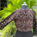 Black Ajrakh dual Handblock prinT cotton blouse with sleeves