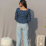 Indigo Dabu Handblock Printed Peplum Cotton Top