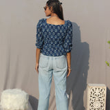 Indigo Dabu Handblock Printed Peplum Cotton Top