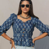 Indigo Dabu Handblock Printed Peplum Cotton Top