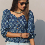 Indigo Dabu Handblock Printed Peplum Cotton Top