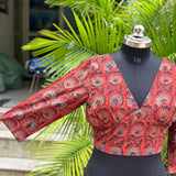 Red ajrakh handblock print cotton v-neck blouse with sleevs