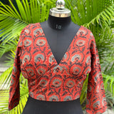 Red ajrakh handblock print cotton v-neck blouse with sleevs