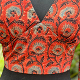 Red ajrakh handblock print cotton v-neck blouse with sleevs