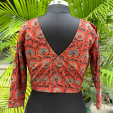 Red ajrakh handblock print cotton v-neck blouse with sleevs