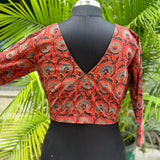 Red ajrakh handblock print cotton v-neck blouse with sleevs