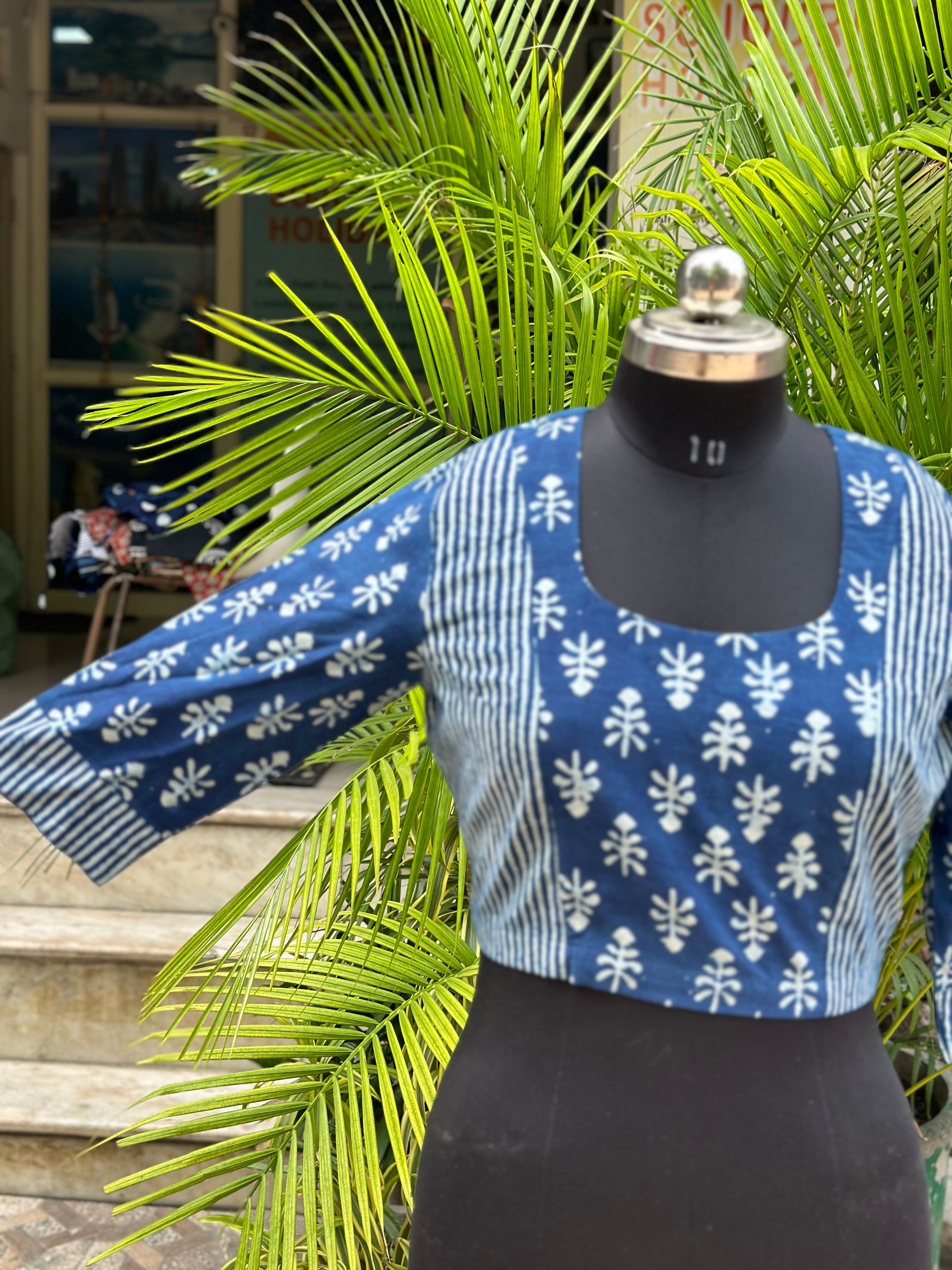 Indigo Dabu Handblock Dual Print Cotton Round Neck Blouse with Sleeves