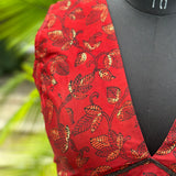 Red Vanaspati Print Modal Satin Blouse with Beaded lace