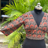 Brown Ajrakh Handblock Print V neck cotton blouse with sleeves