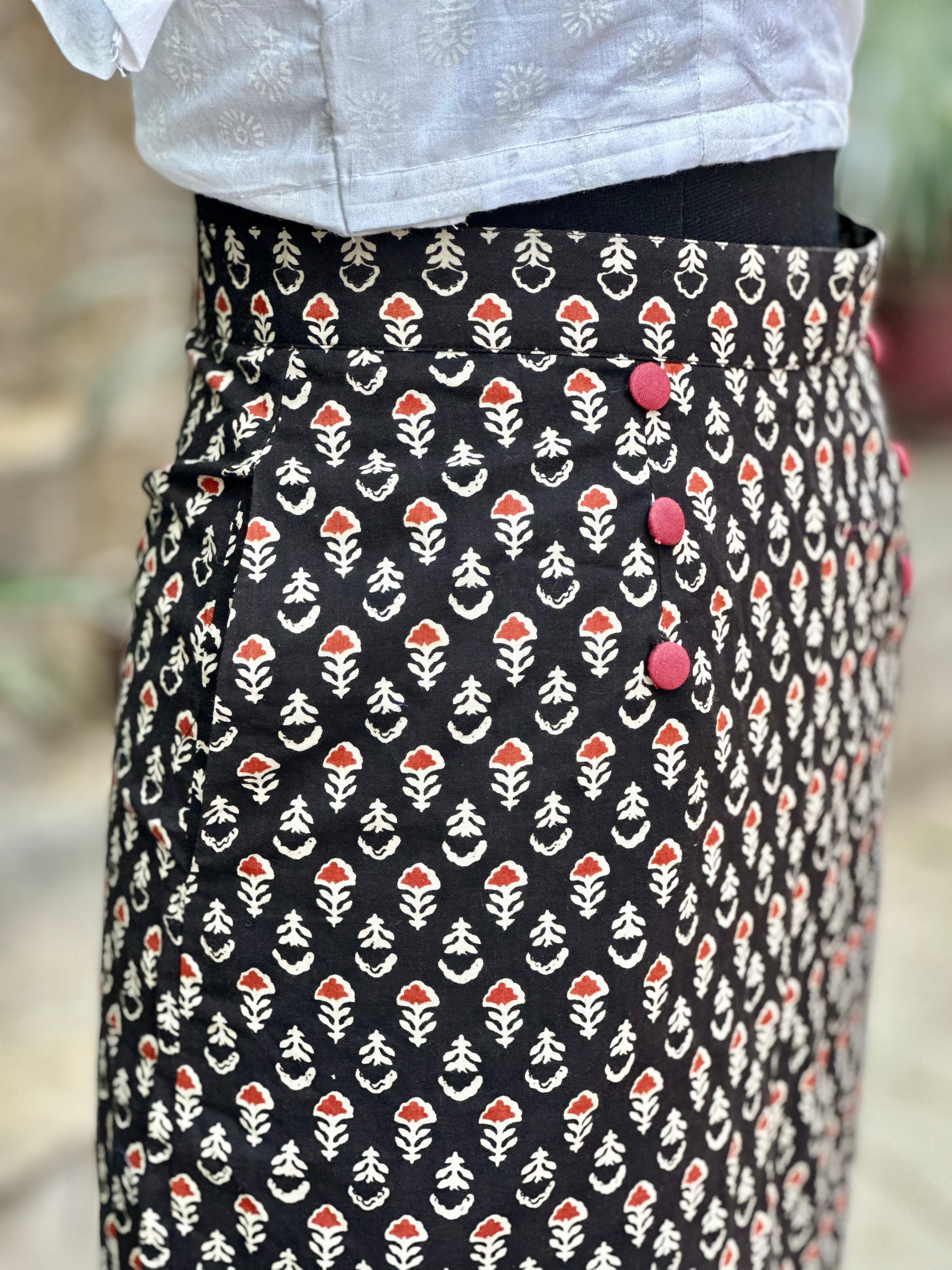 Black bagru handblock print mermaid cotton skirt