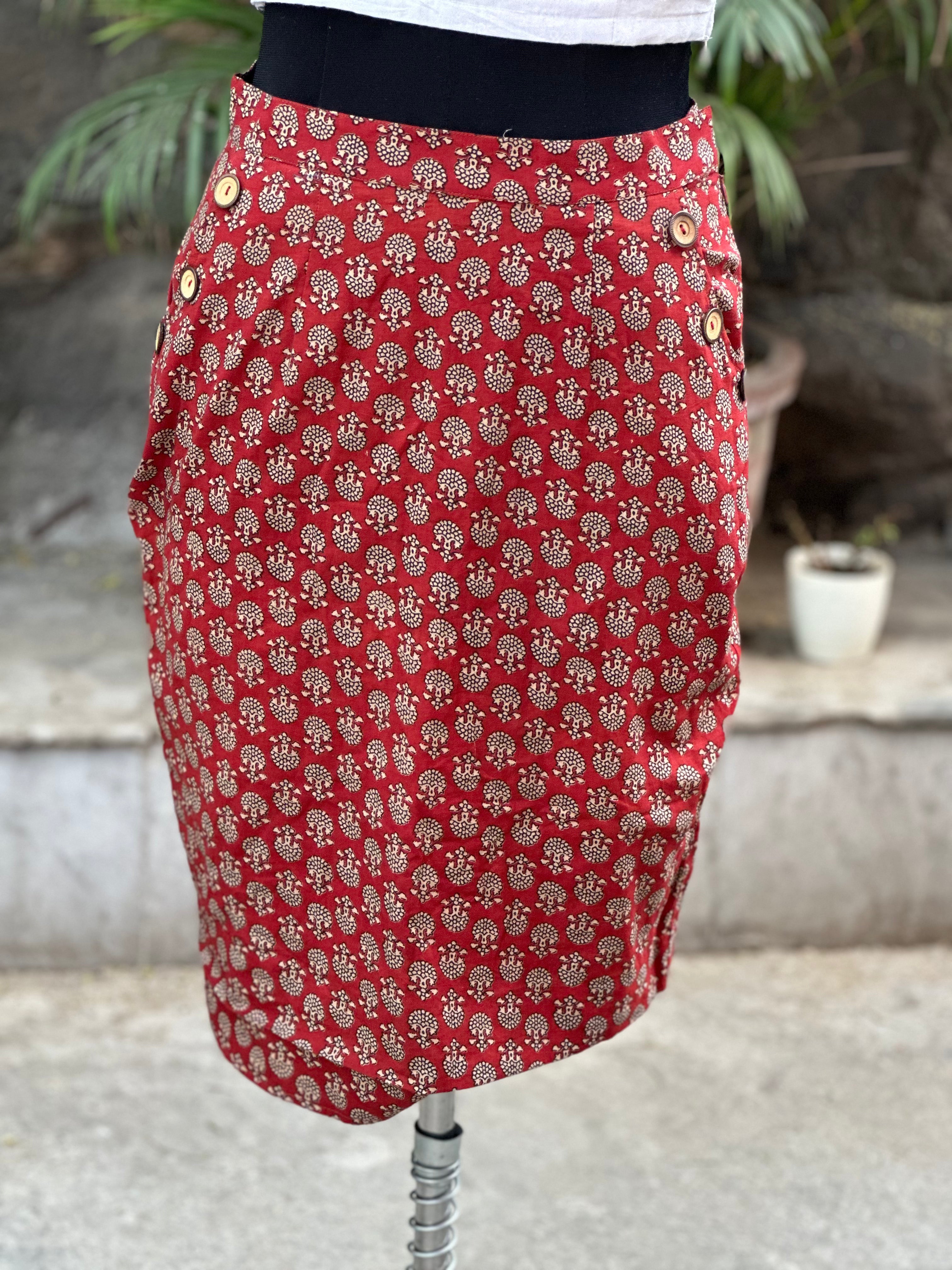 Red bagru handblock print pencil skirt