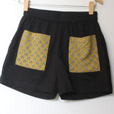 Black Cotton Shorts with Mustard Bagru Pockets