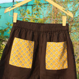 Black Cotton Shorts with Mustard Bagru Pockets