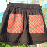 Black Cotton Shorts with Red Bagru Pockets