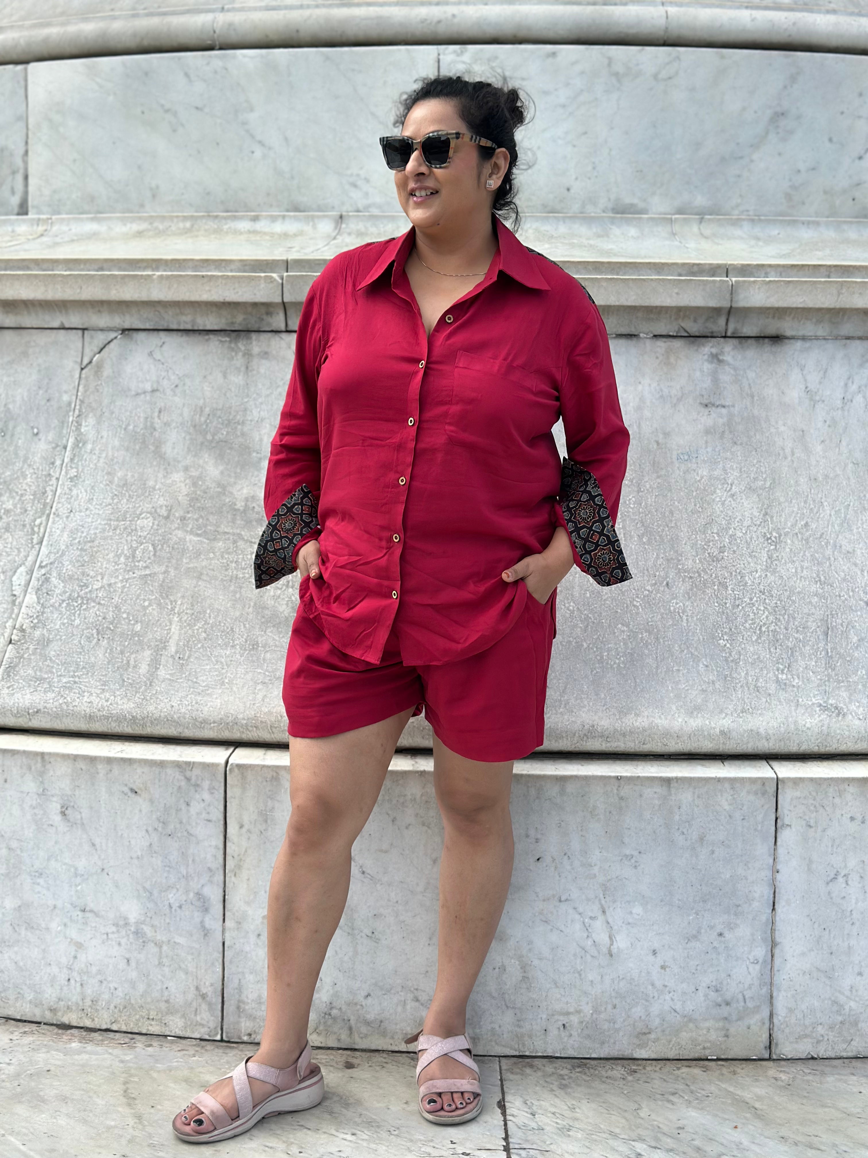 Red Rayon Cotton Co-Ord set with Black Ajrakh Handblock print patch