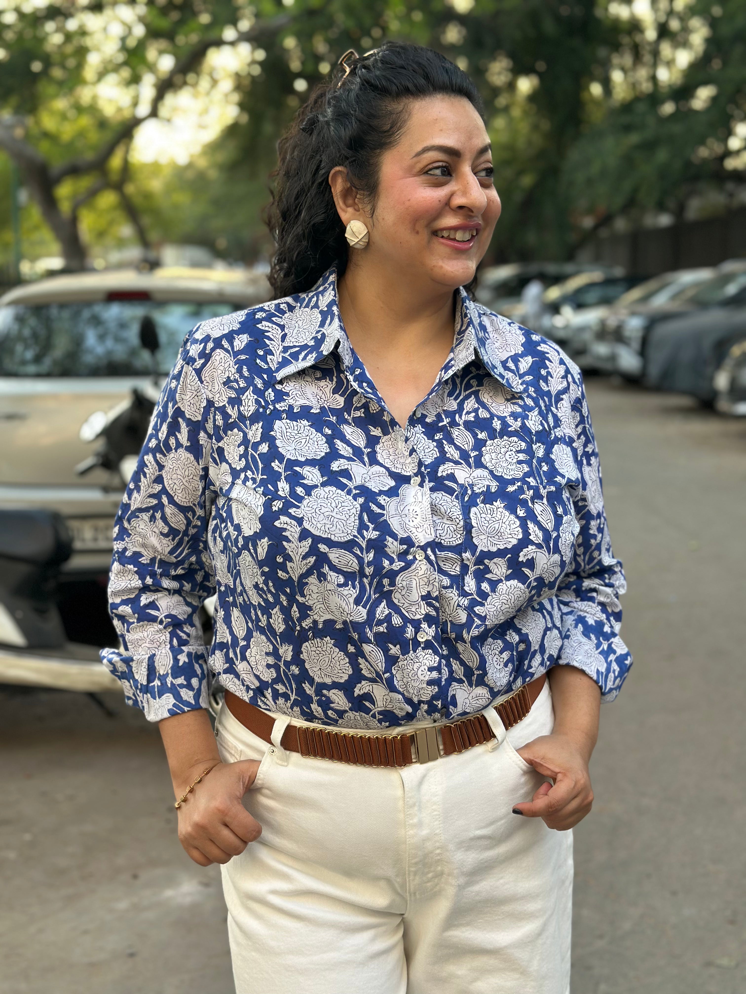 Rangrez Blue Shirt- Blue Sanganeri Handblock Printed Cotton Shirt For Women