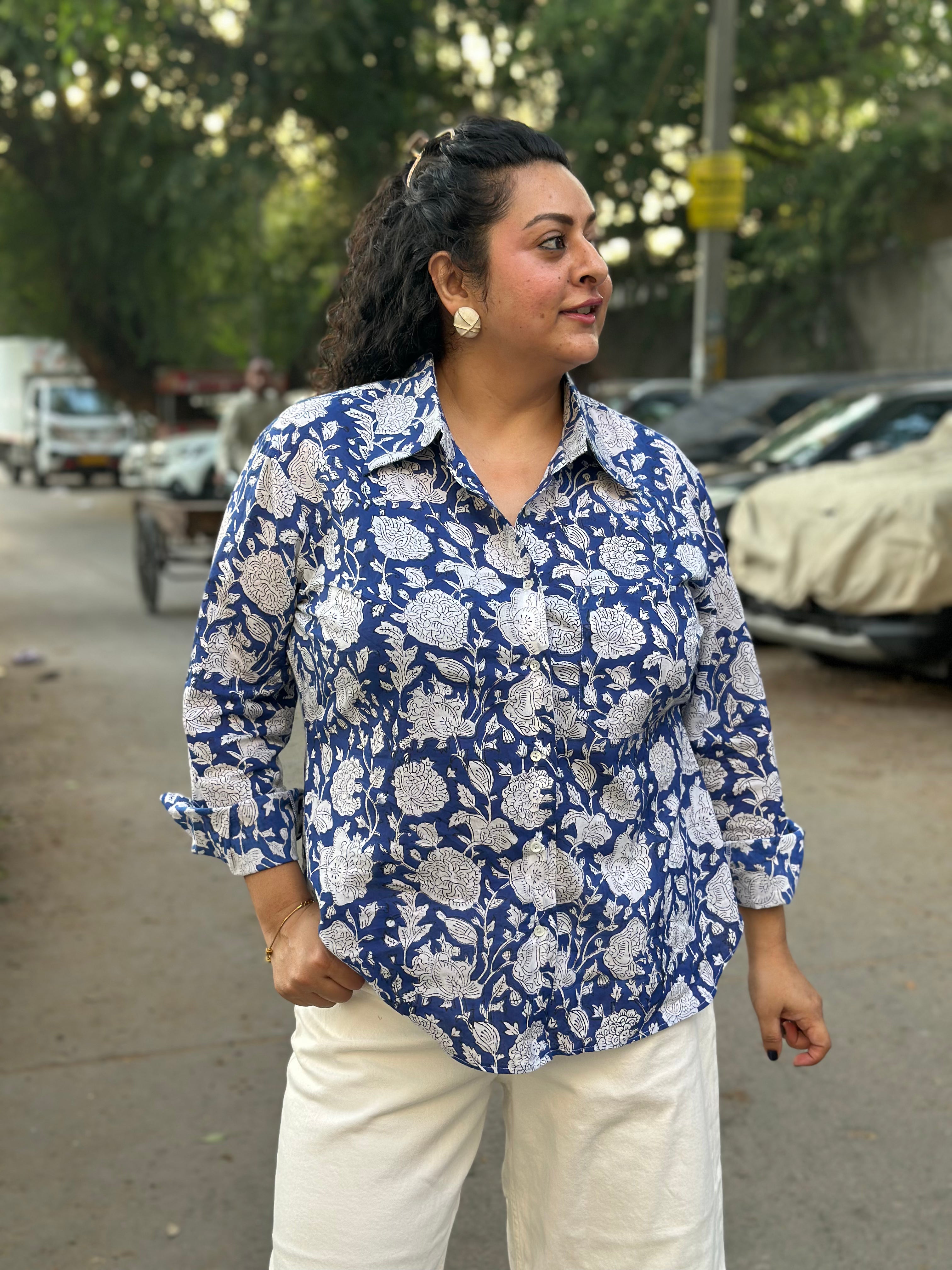 Rangrez Blue Shirt- Blue Sanganeri Handblock Printed Cotton Shirt For Women