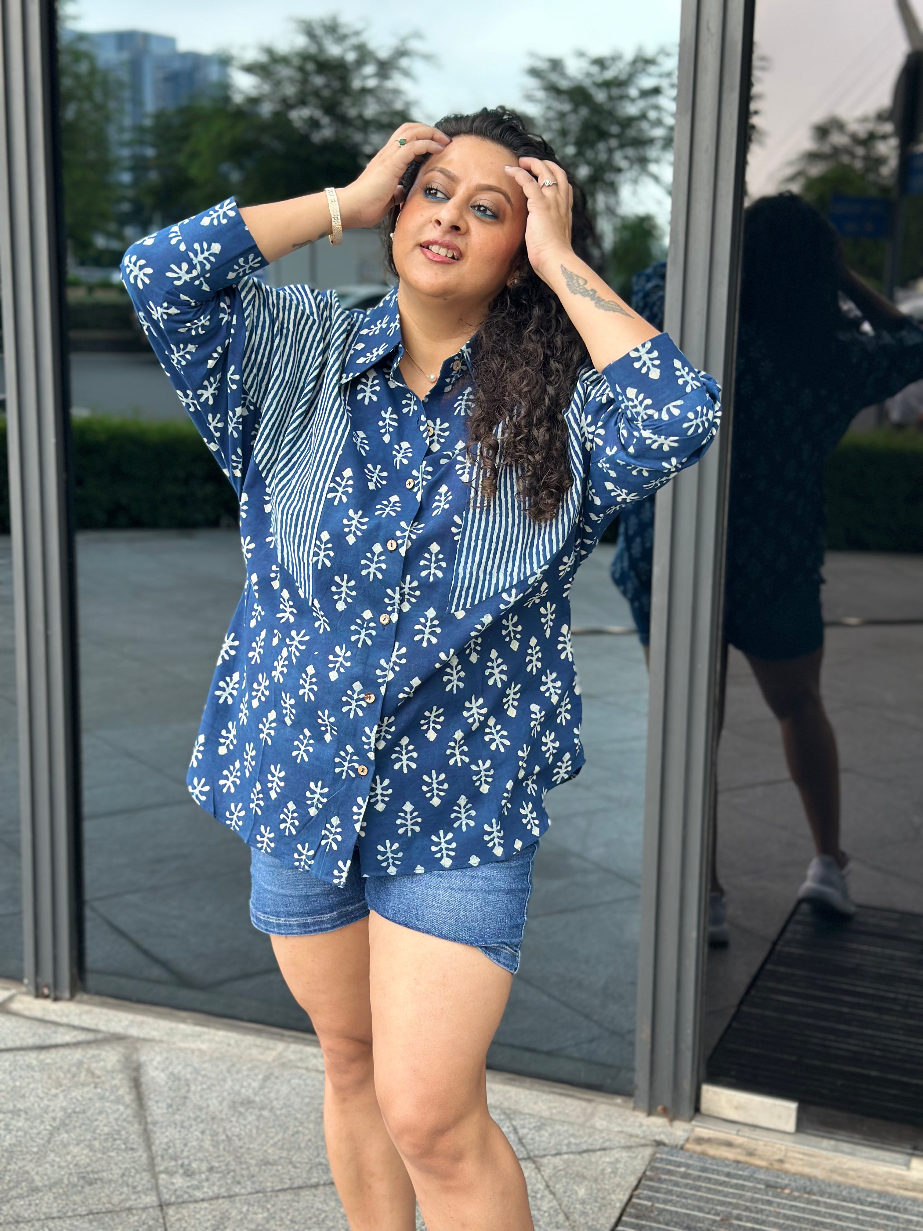 Indigo Escape: Indigo  Dabu Handblock Print Oversized Cotton Shirt”