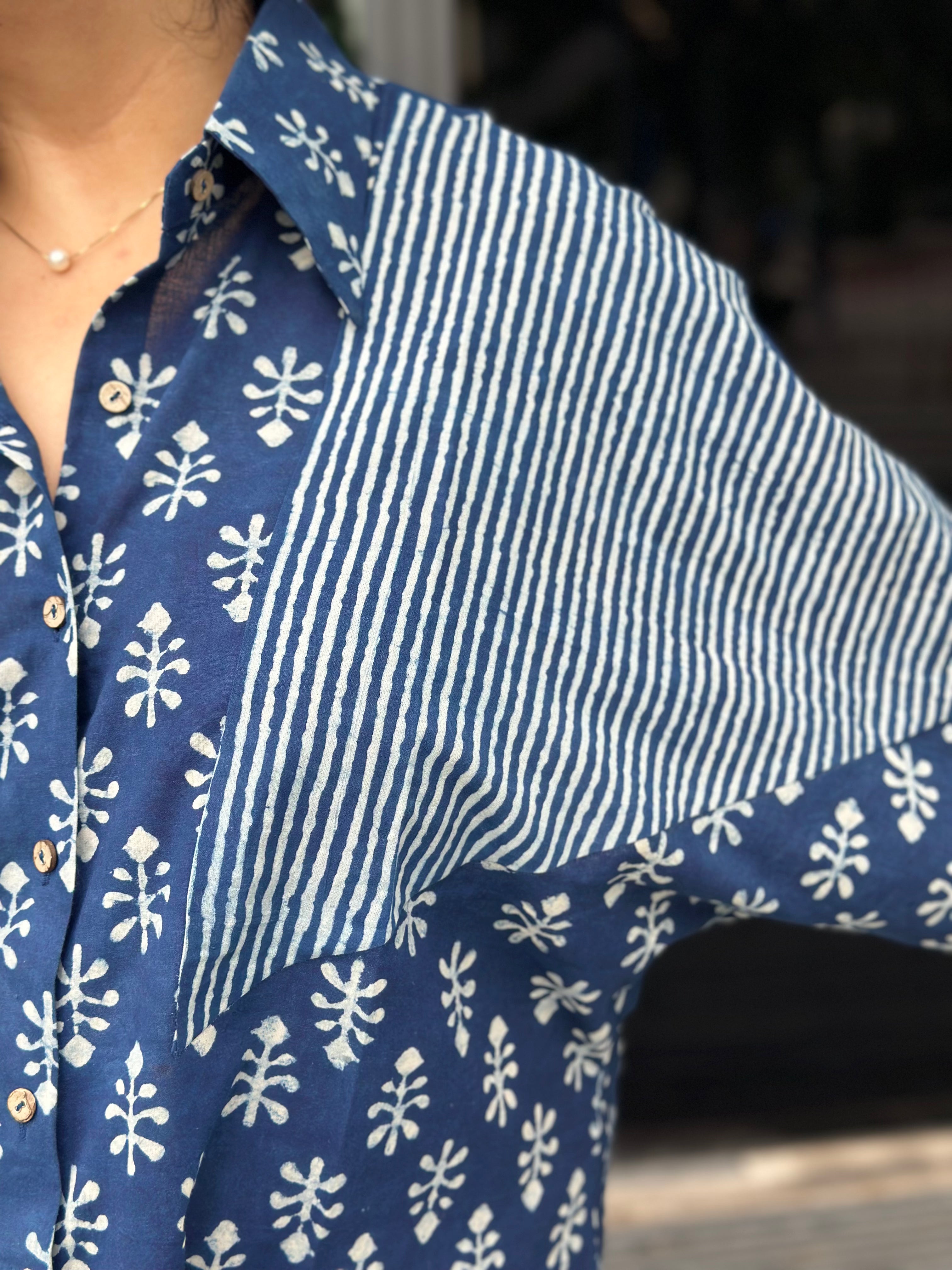 Indigo Escape: Indigo  Dabu Handblock Print Oversized Cotton Shirt”
