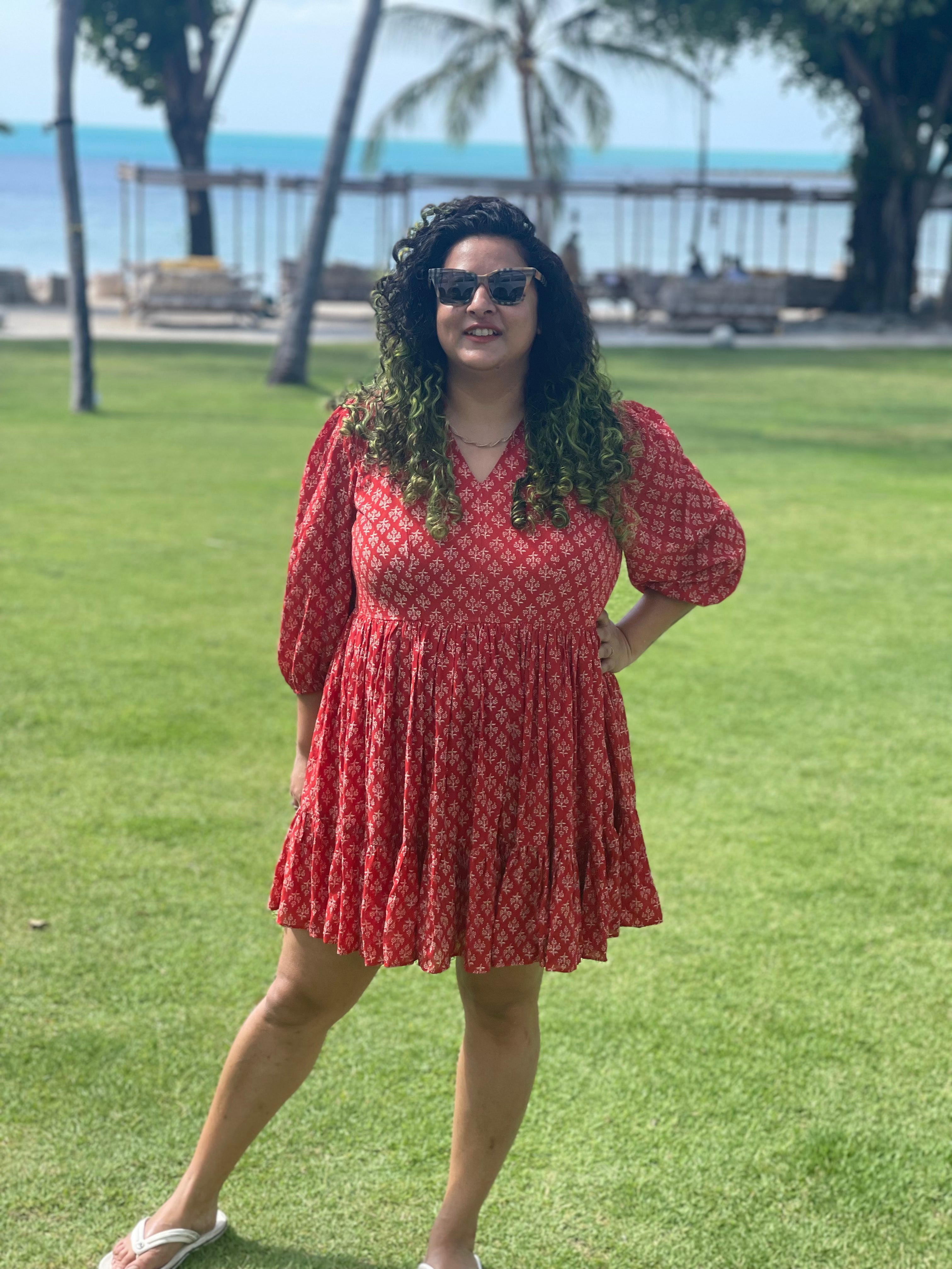 Red Bagru Handblock Printed Modal Cotton Frock Style Dress
