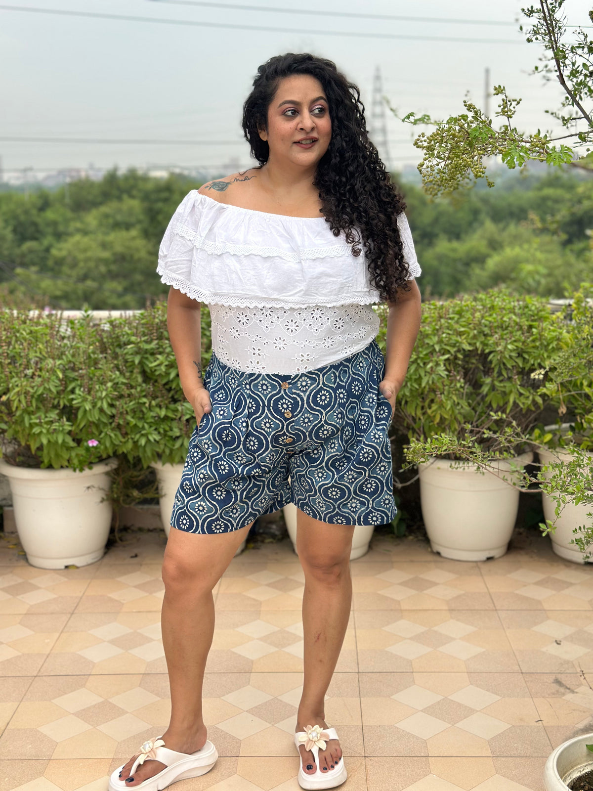 Desi Meadow- Indigo Dabu Handblock Print Cotton Shorts