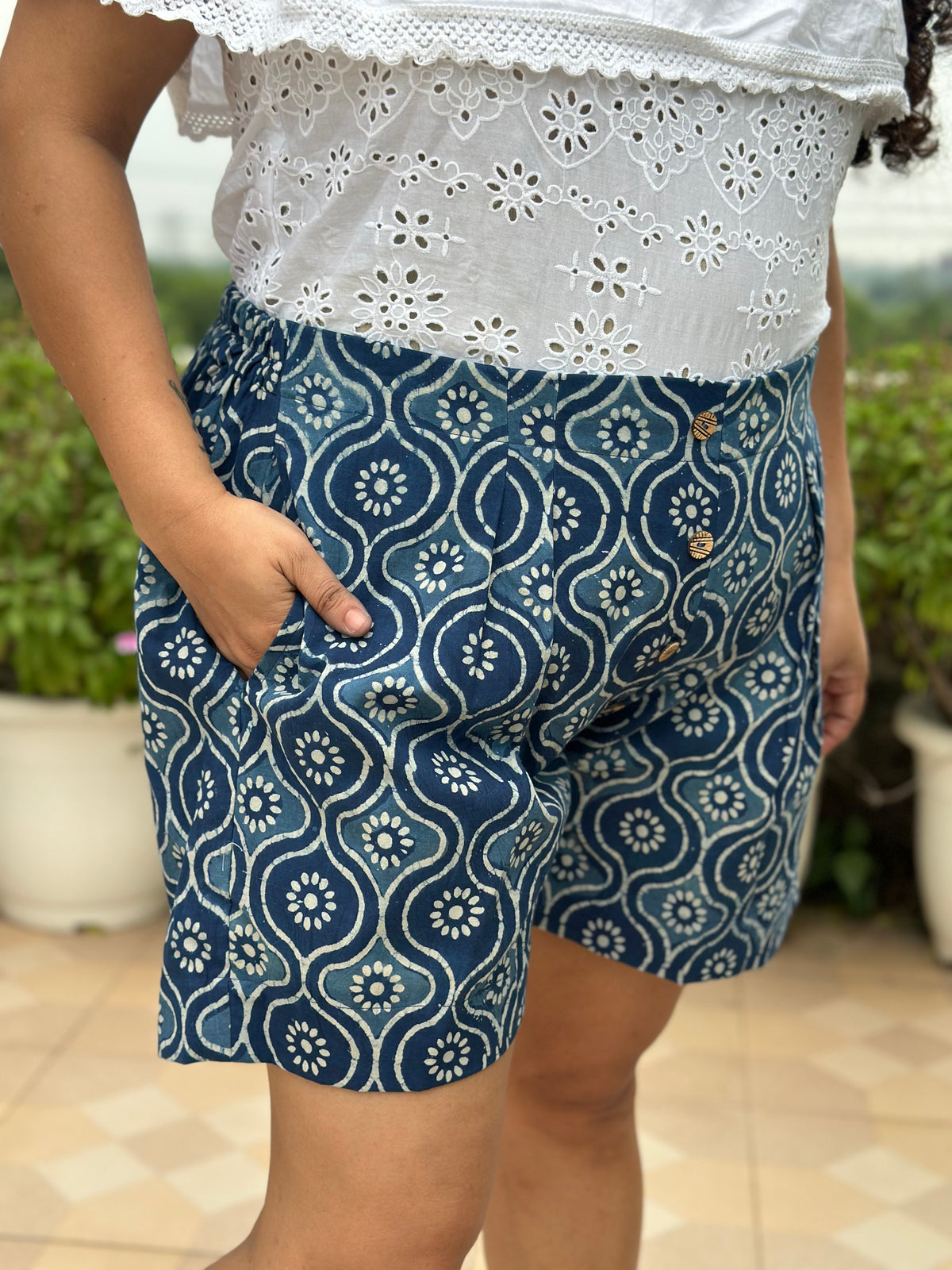 Desi Meadow- Indigo Dabu Handblock Print Cotton Shorts