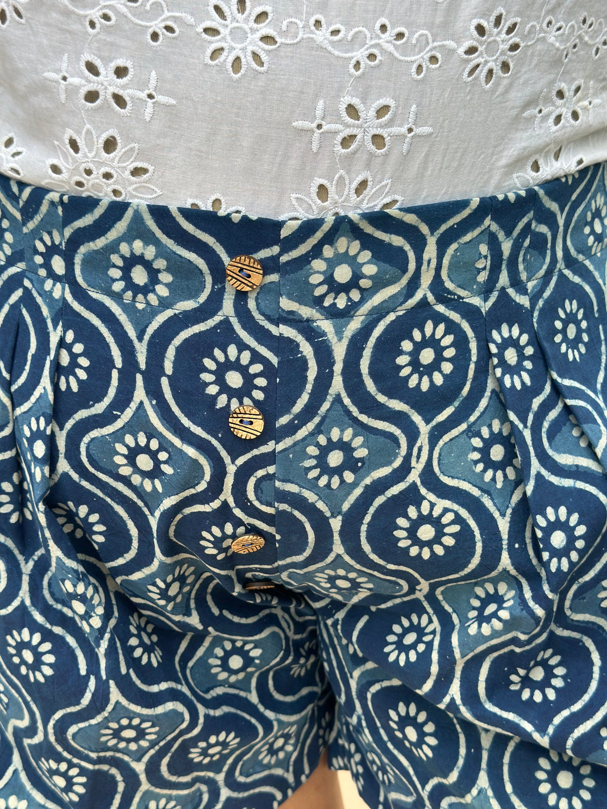 Desi Meadow- Indigo Dabu Handblock Print Cotton Shorts