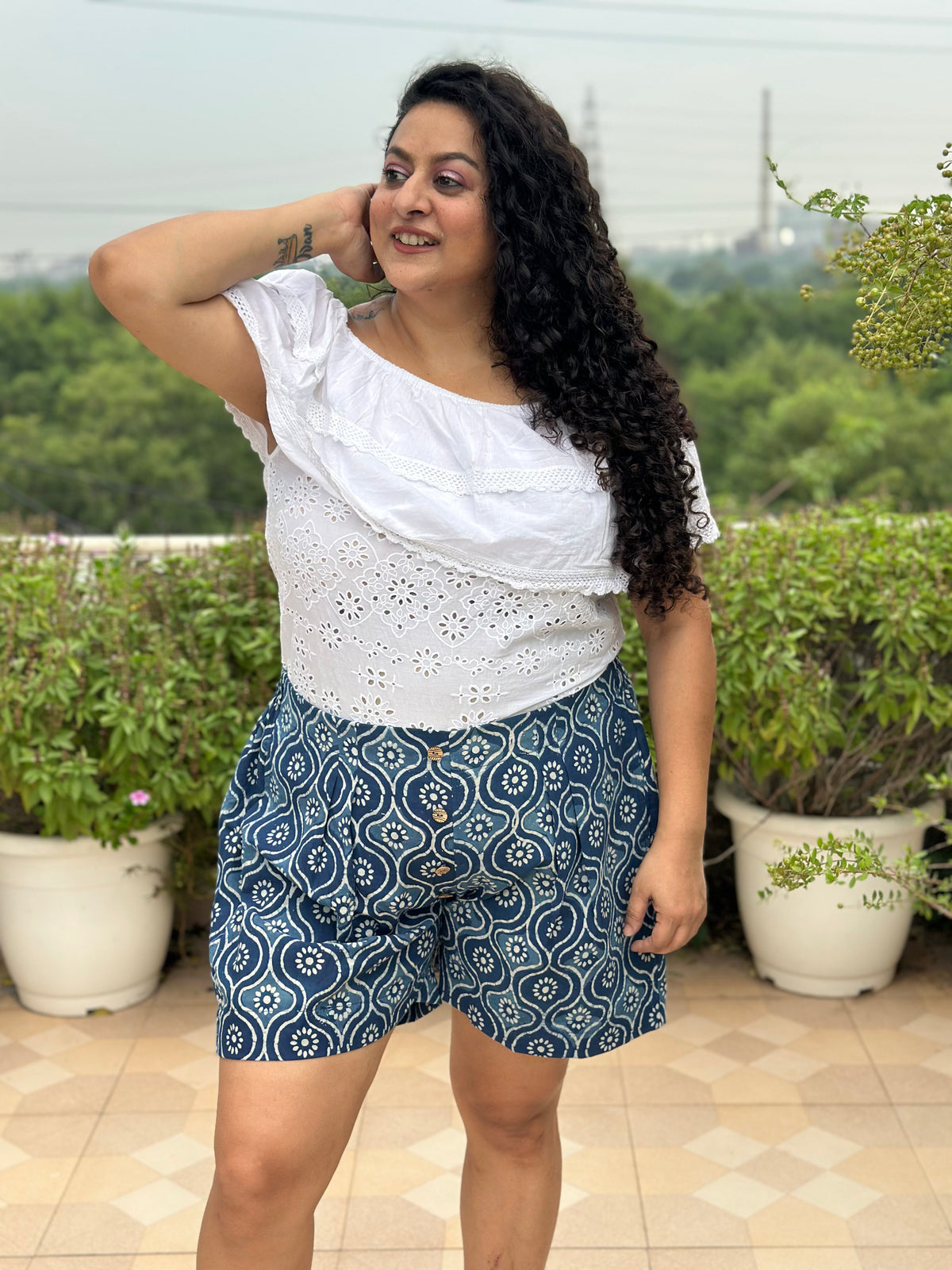 Desi Meadow- Indigo Dabu Handblock Print Cotton Shorts