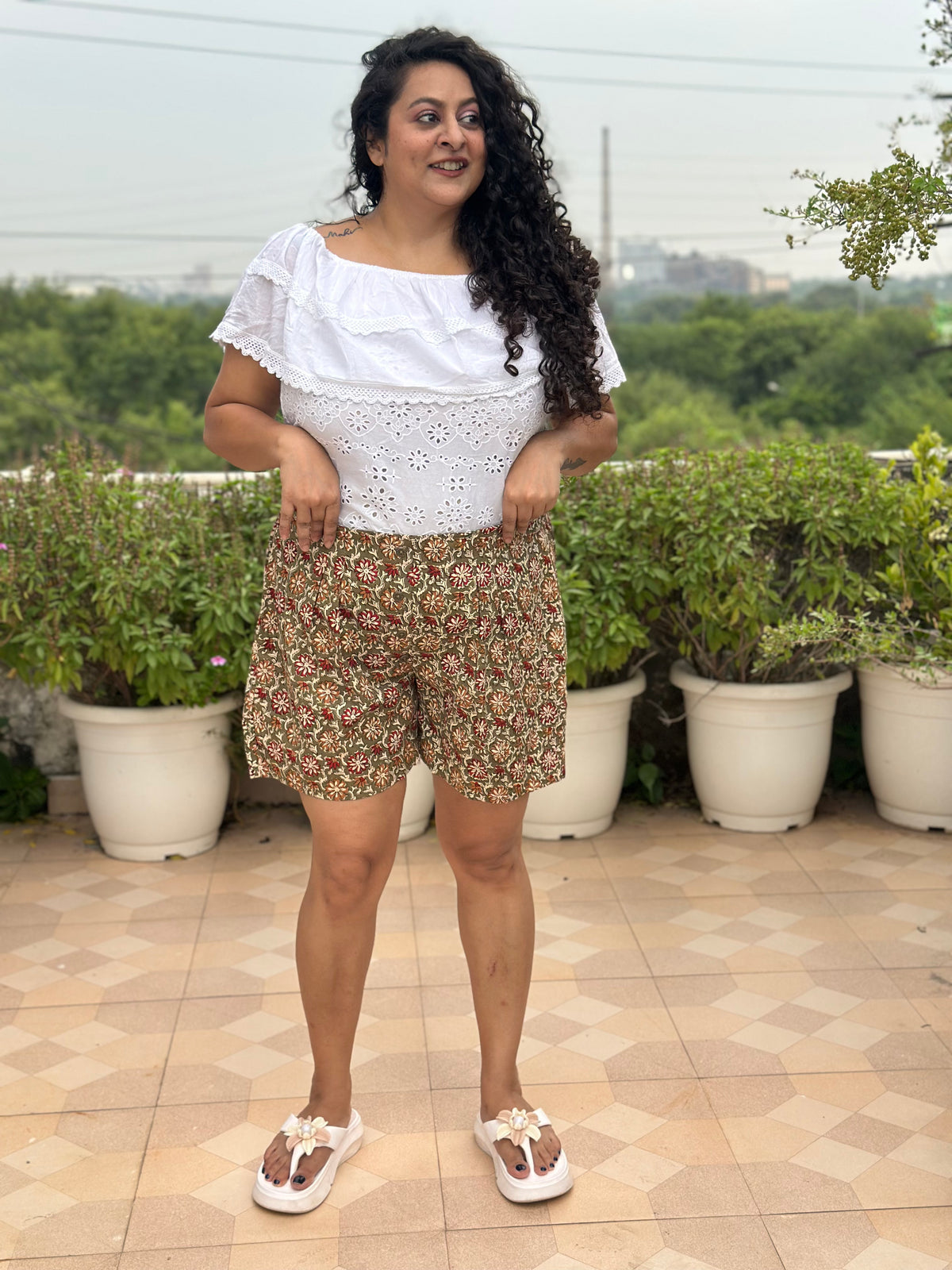 Name - Rustic Flora Bagru Brown Handblock Cotton shorts