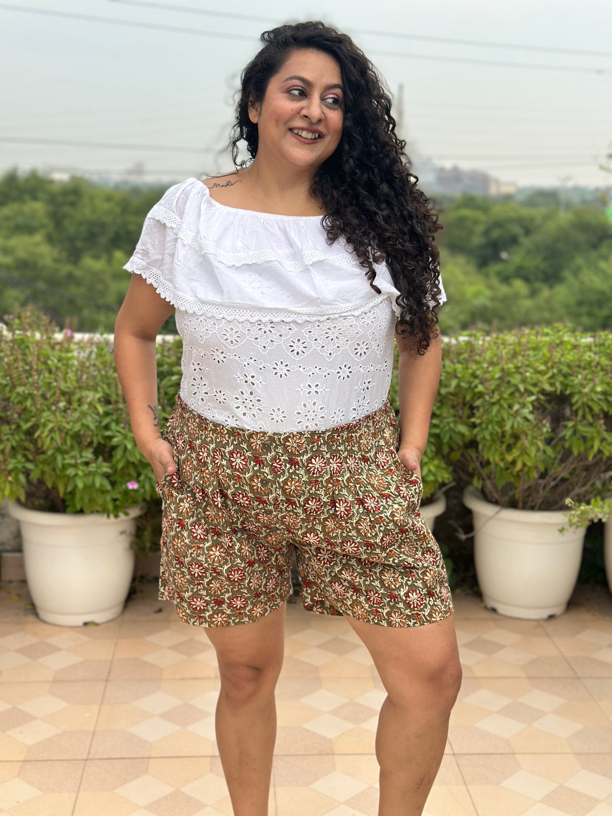 Name - Rustic Flora Bagru Brown Handblock Cotton shorts