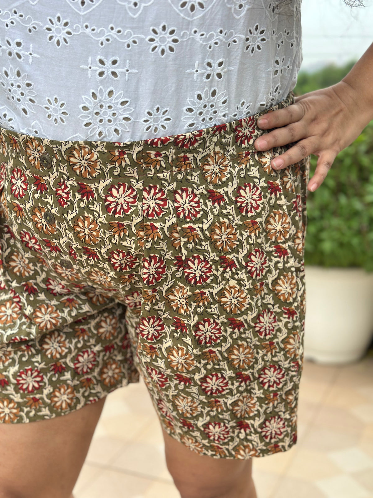Name - Rustic Flora Bagru Brown Handblock Cotton shorts