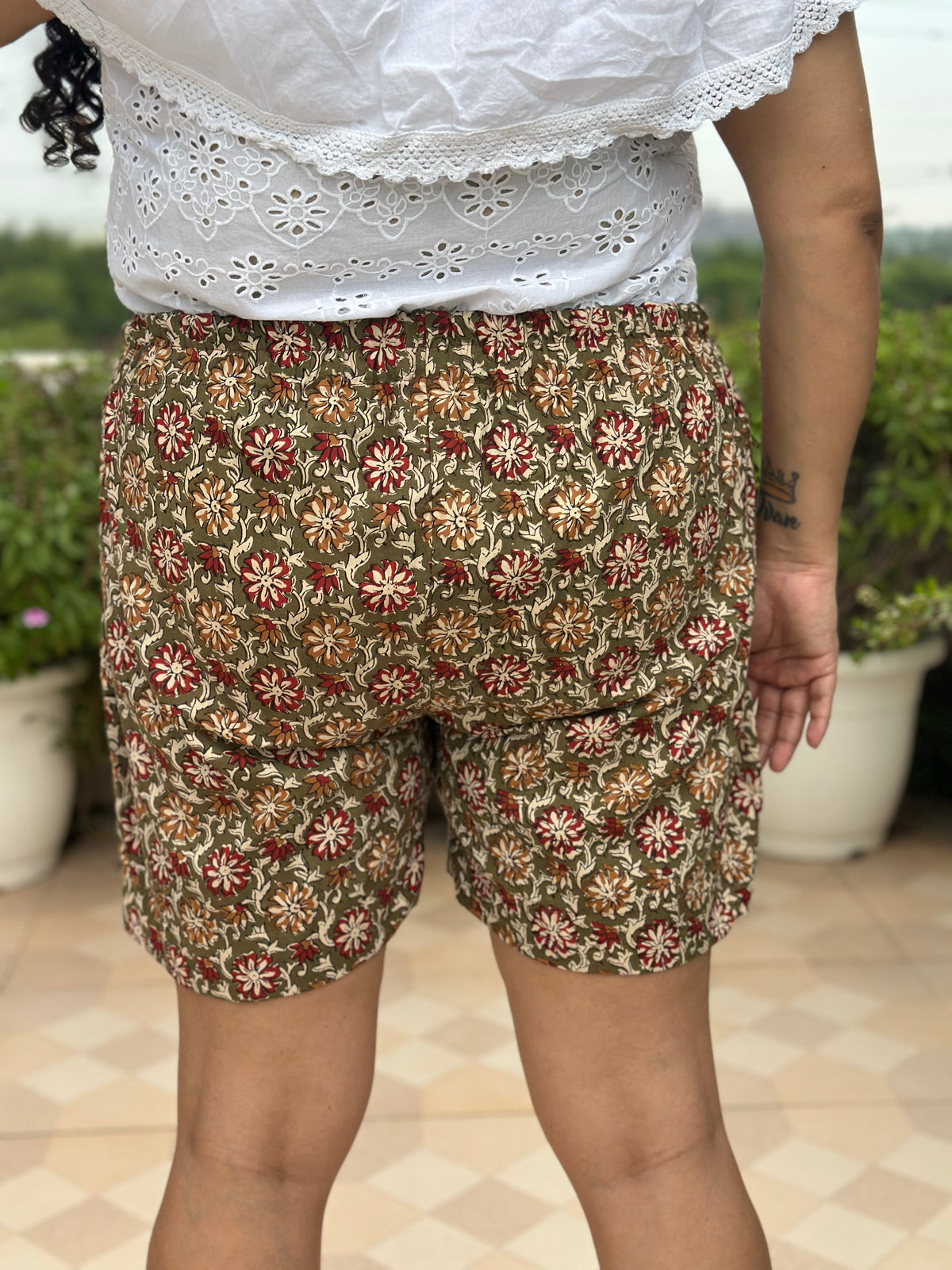 Name - Rustic Flora Bagru Brown Handblock Cotton shorts