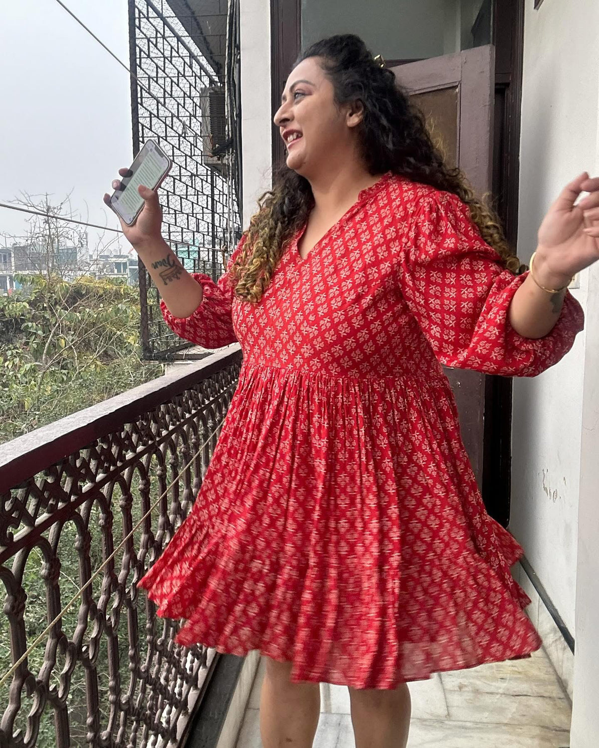 Red Bagru Handblock Printed Modal Cotton Frock Style Dress