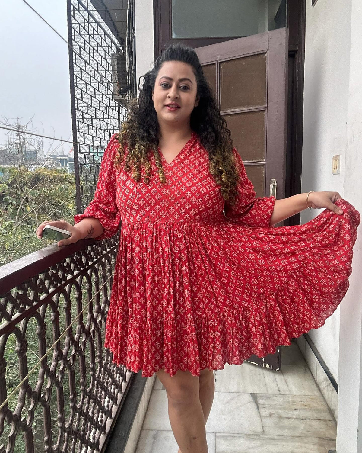 Red Bagru Handblock Printed Modal Cotton Frock Style Dress