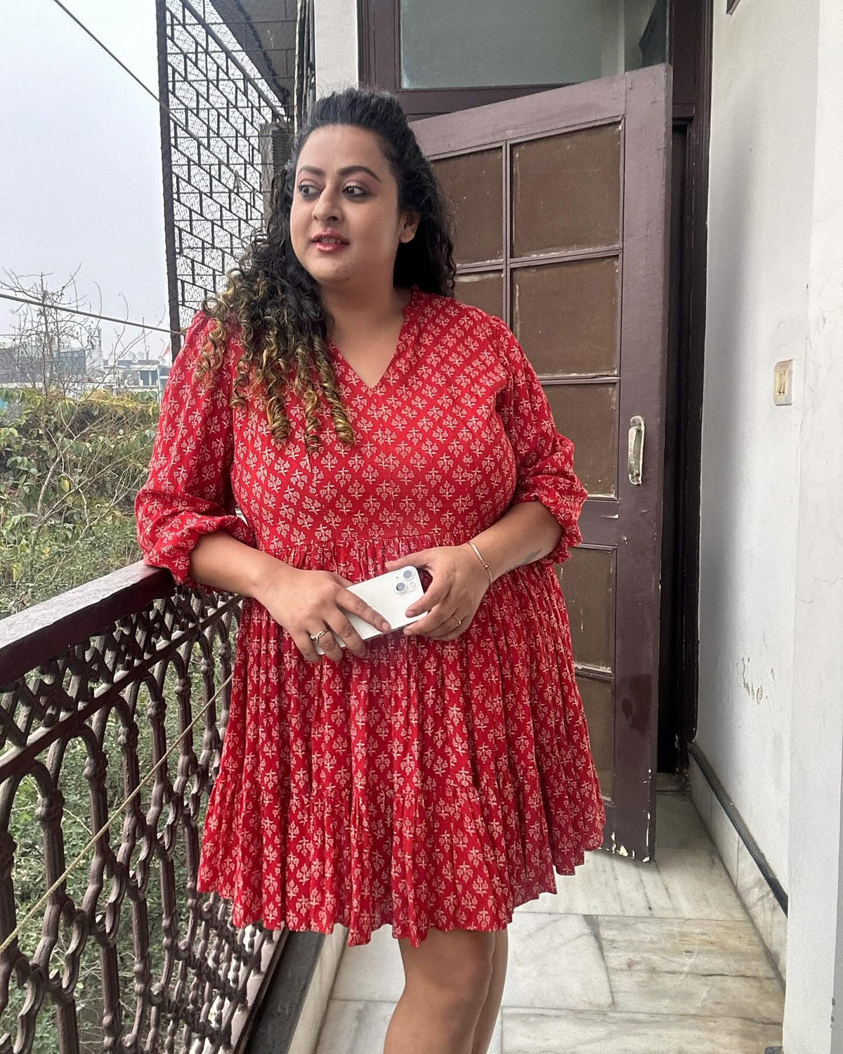 Red Bagru Handblock Printed Modal Cotton Frock Style Dress