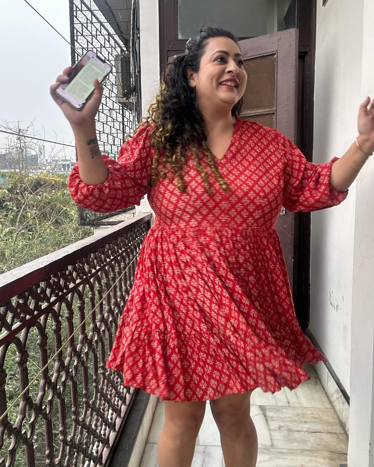 Red Bagru Handblock Printed Modal Cotton Frock Style Dress