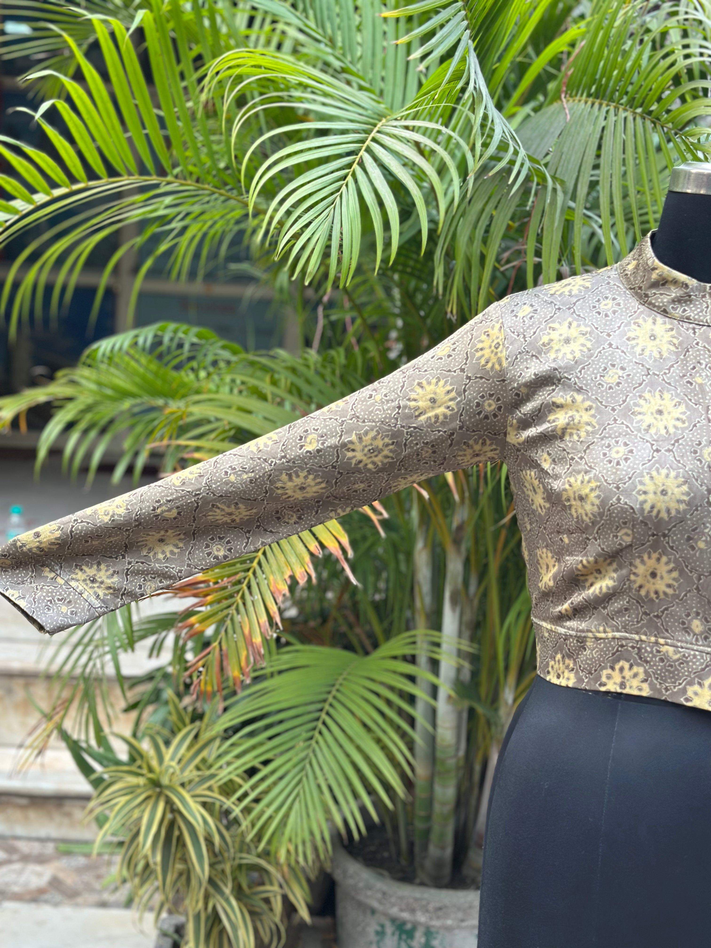 Golden Mirage- Ajrakh Handblock Printr Beige Mashru Silk Full sleeve blouse