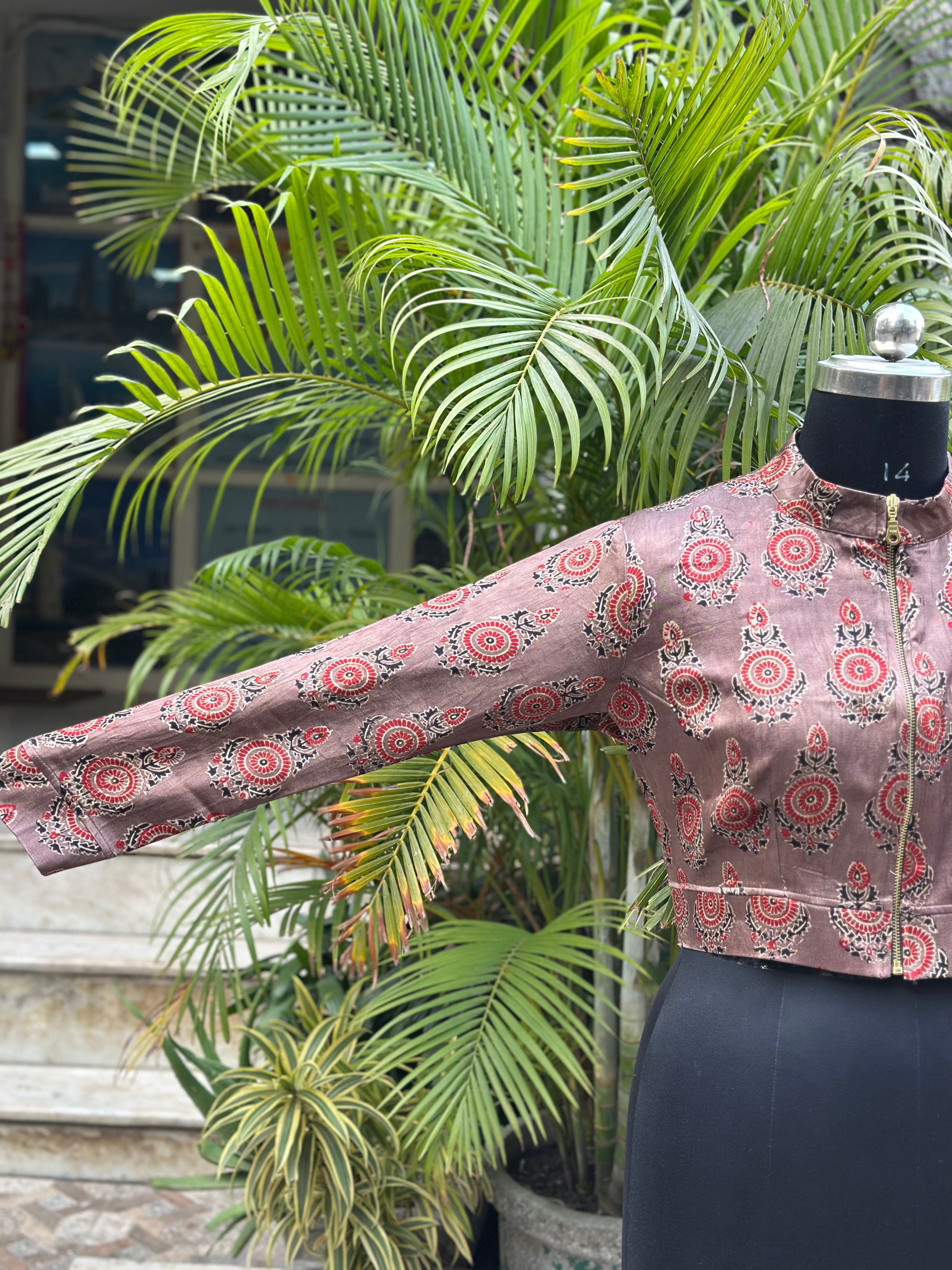 Vintage grace- Ajrakh handblock print Rose pink mashru silk blouse
