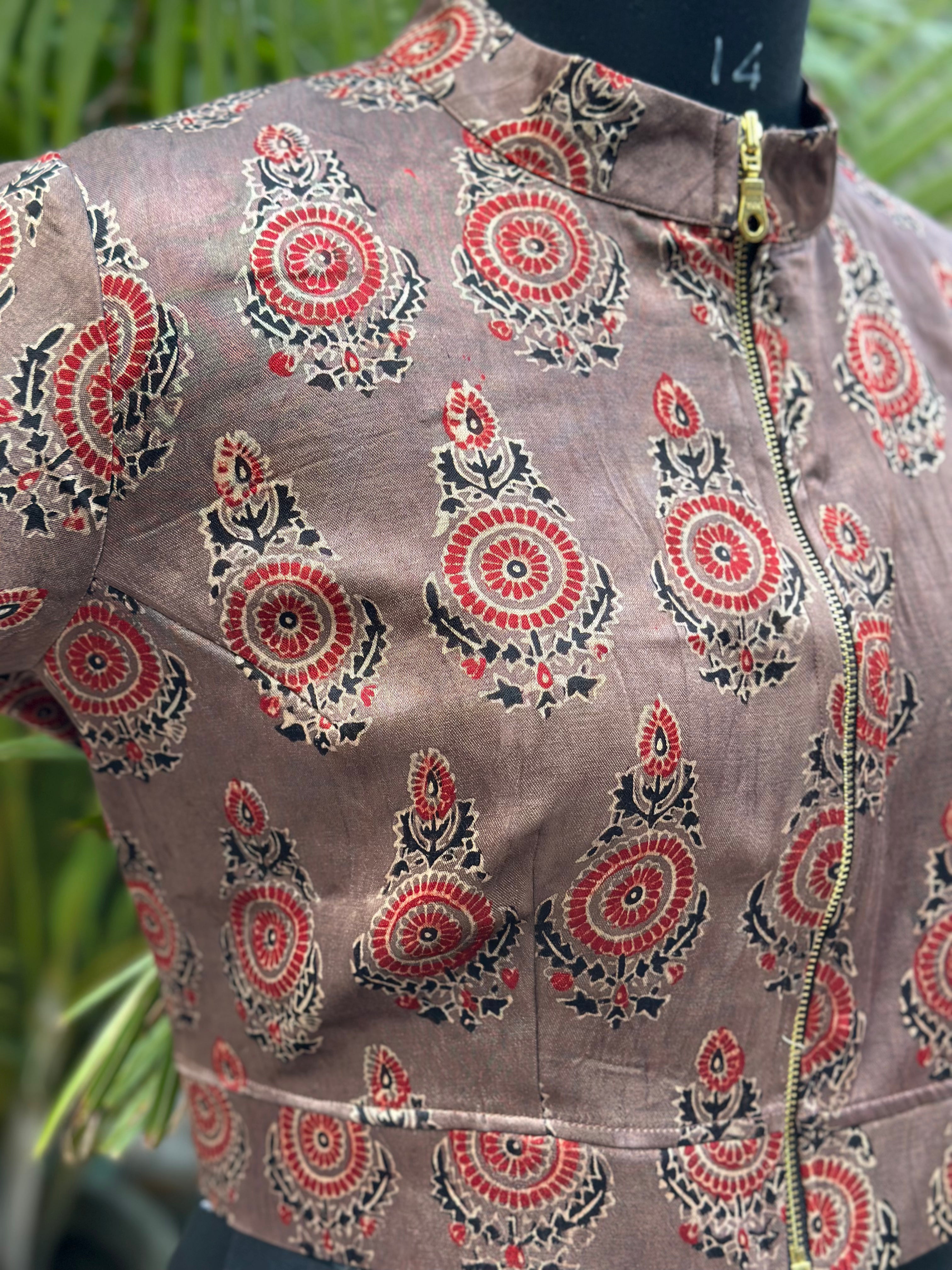 Vintage grace- Ajrakh handblock print Rose pink mashru silk blouse