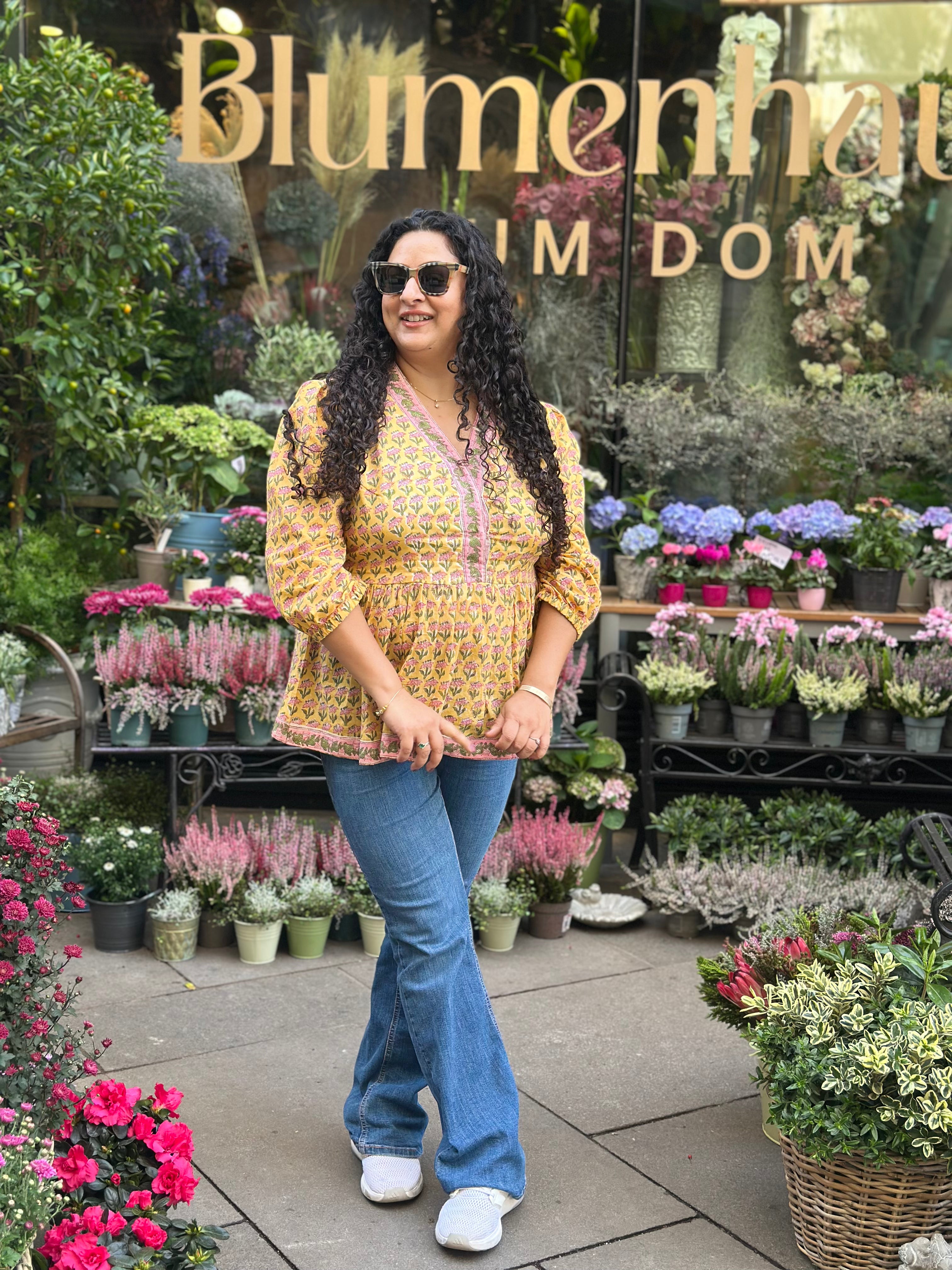 Kesariya Gul: Yellow Sanganeri Handblock Print Cotton Kurti Top