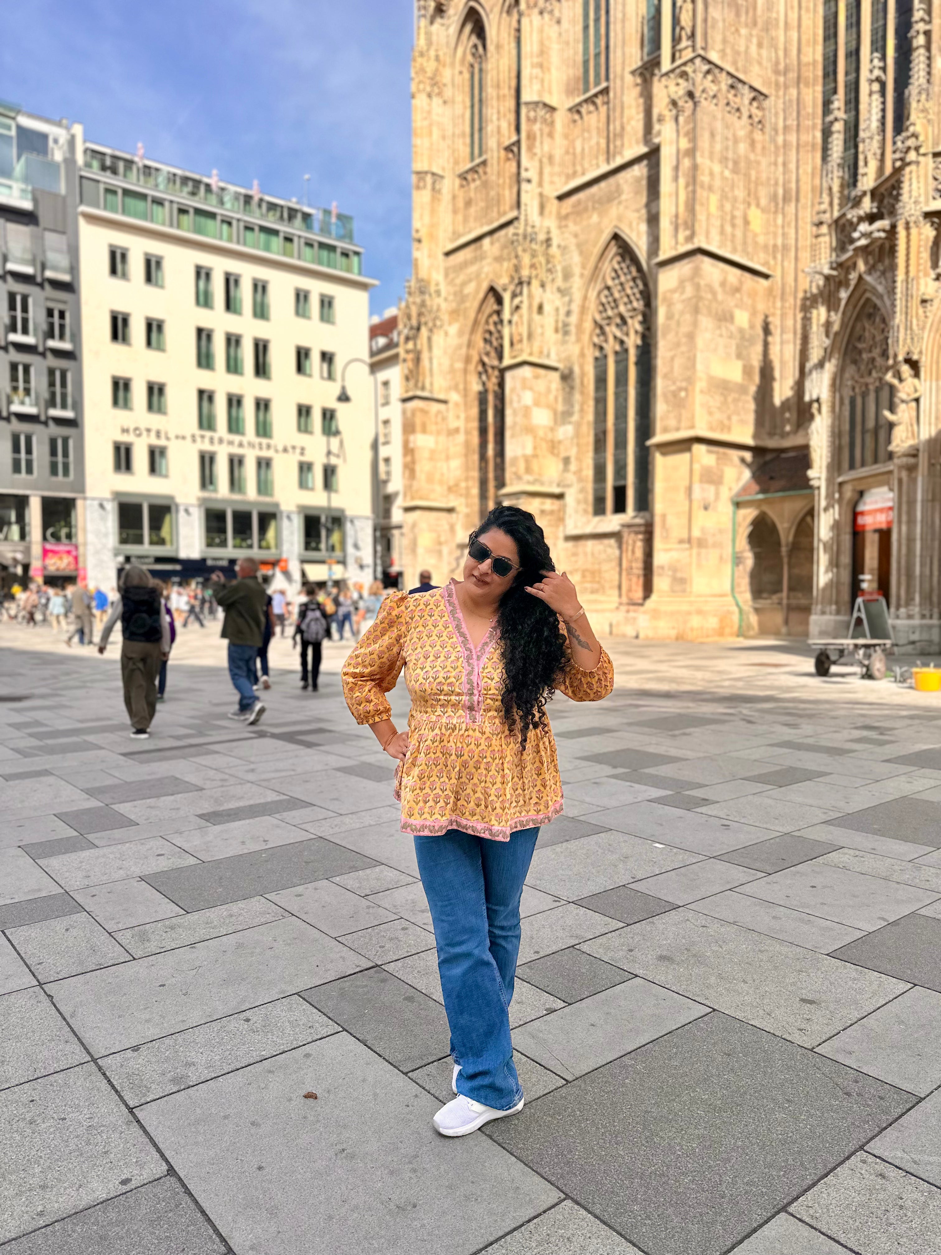 Kesariya Gul: Yellow Sanganeri Handblock Print Cotton Kurti Top