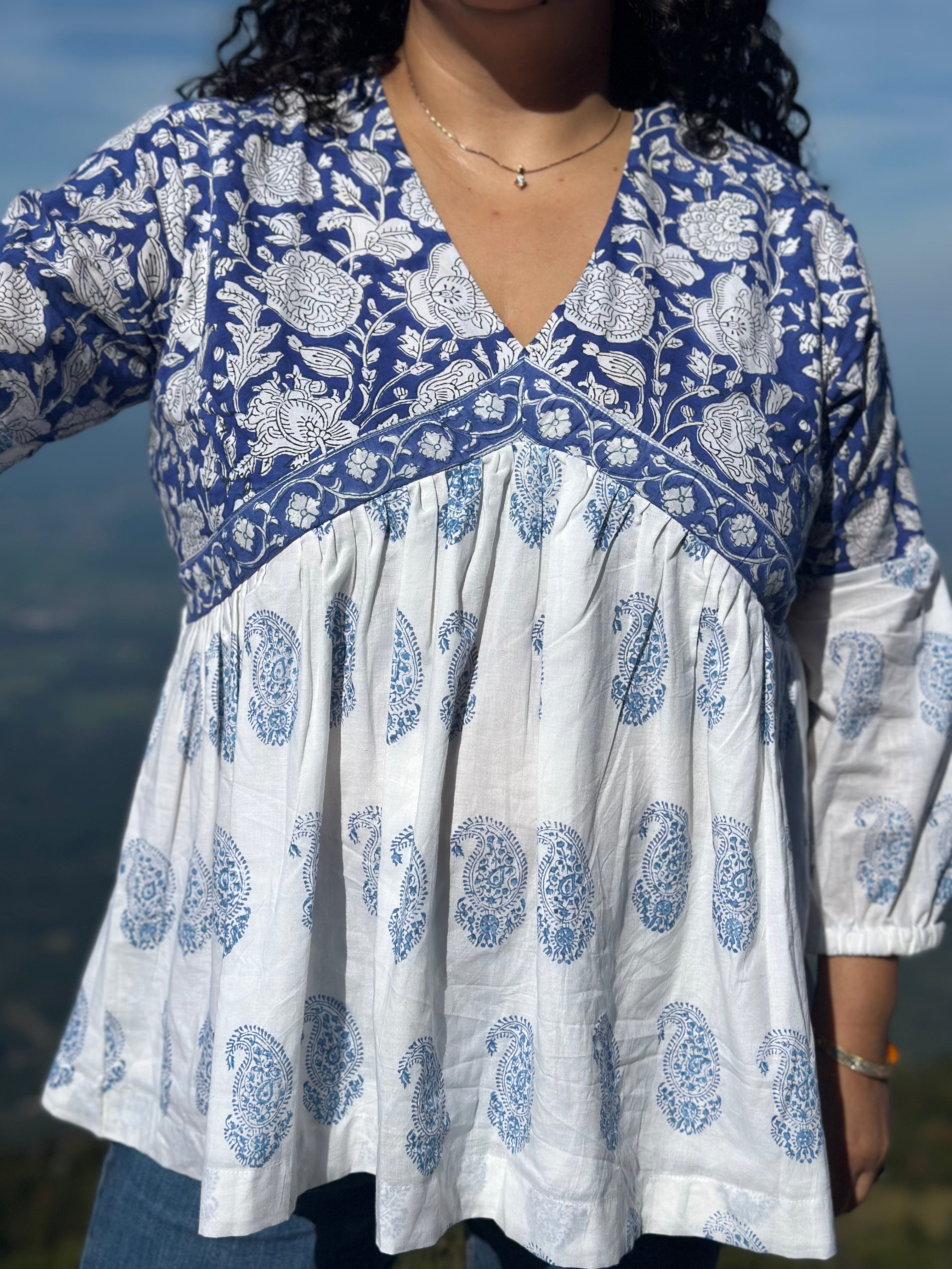 Neel Amora: Blue Sanganeri Handblock Print Kurti Top
