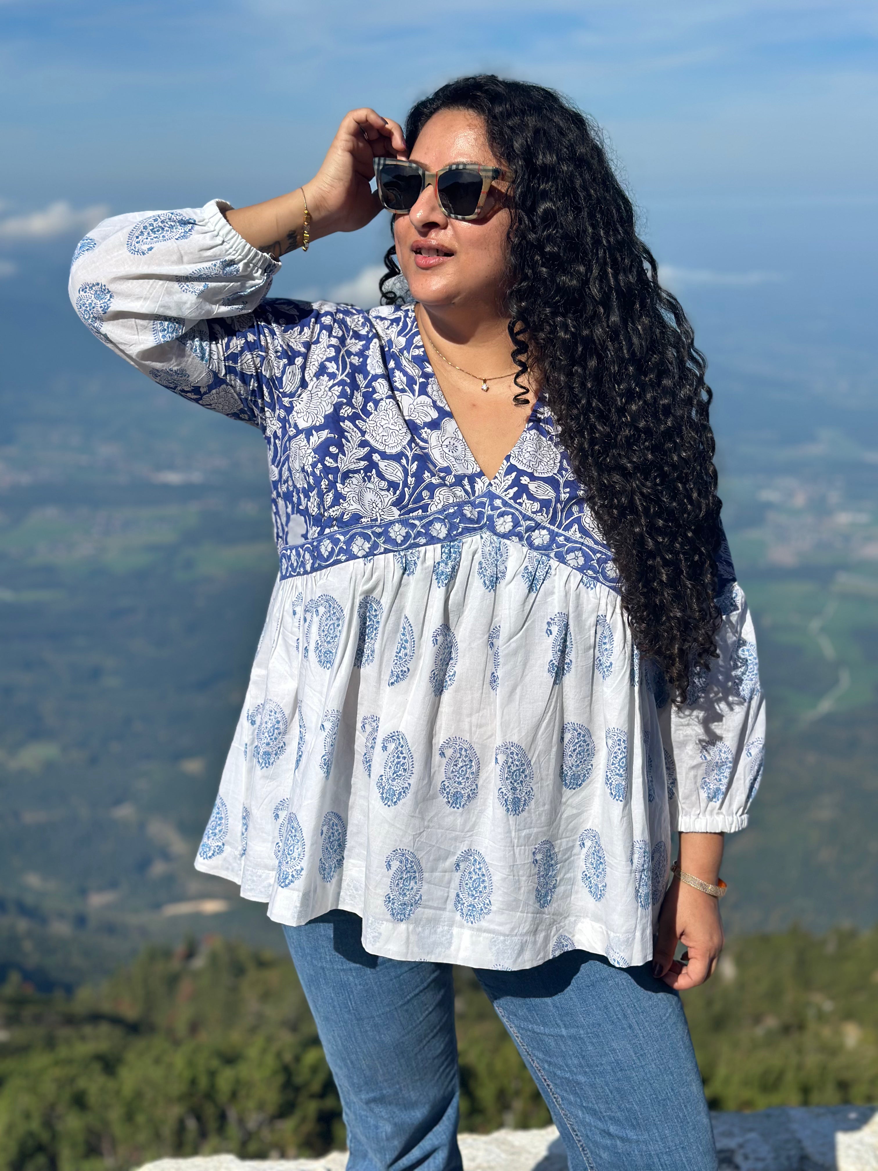 Neel Amora: Blue Sanganeri Handblock Print Kurti Top