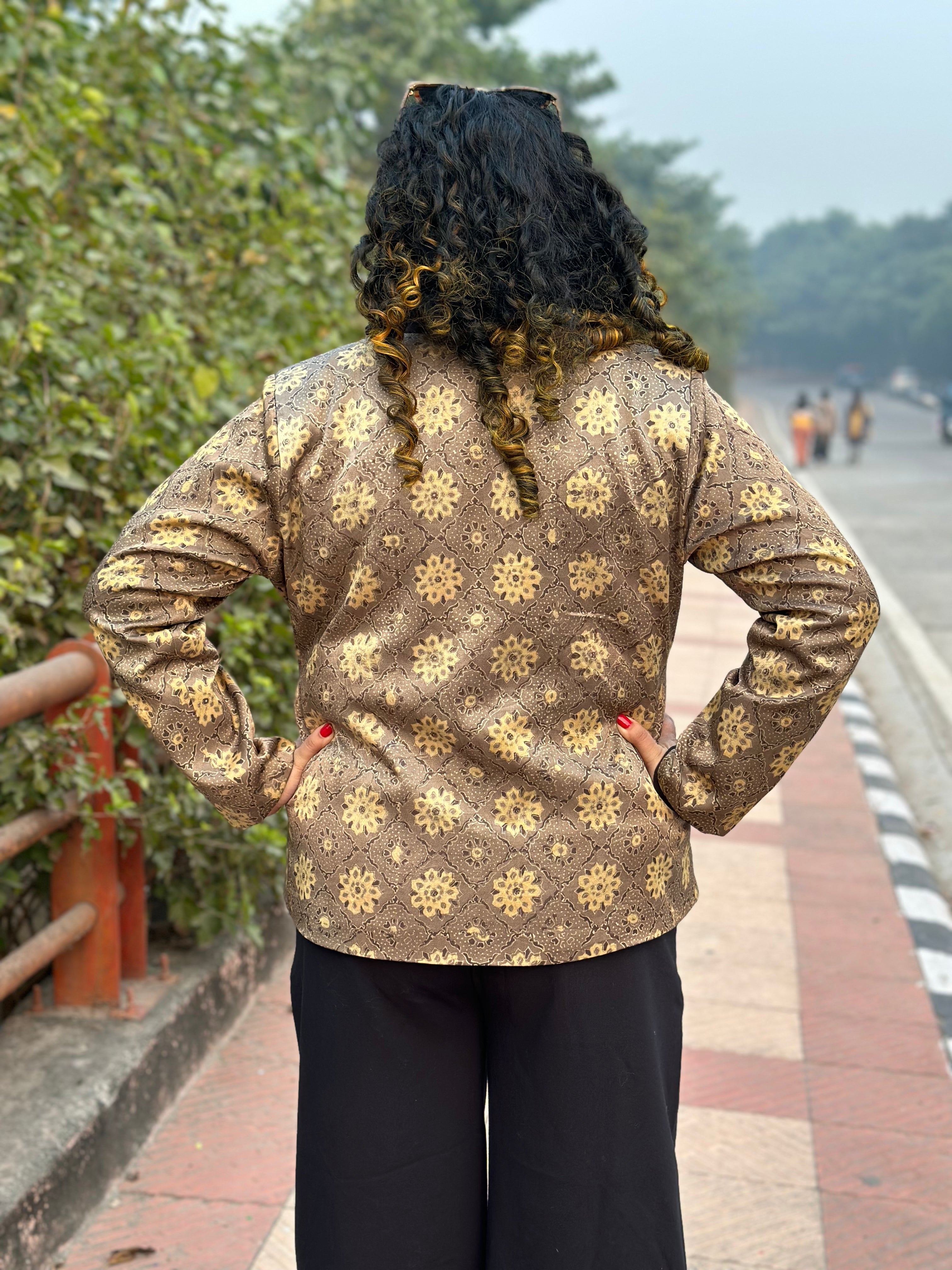 Beige Ajrakh Handblock Printed Mashru Silk Blazer