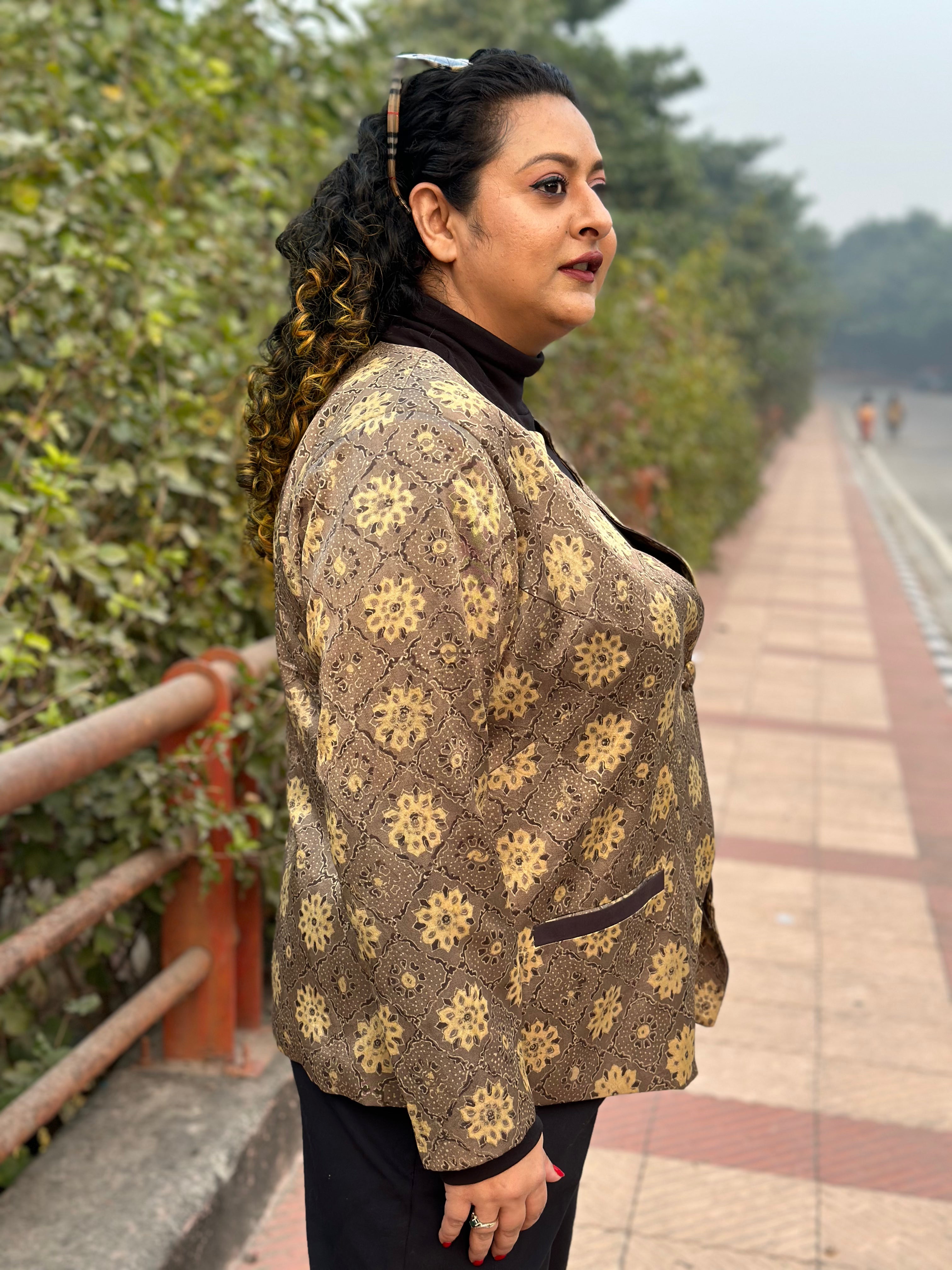 Beige Ajrakh Handblock Printed Mashru Silk Blazer