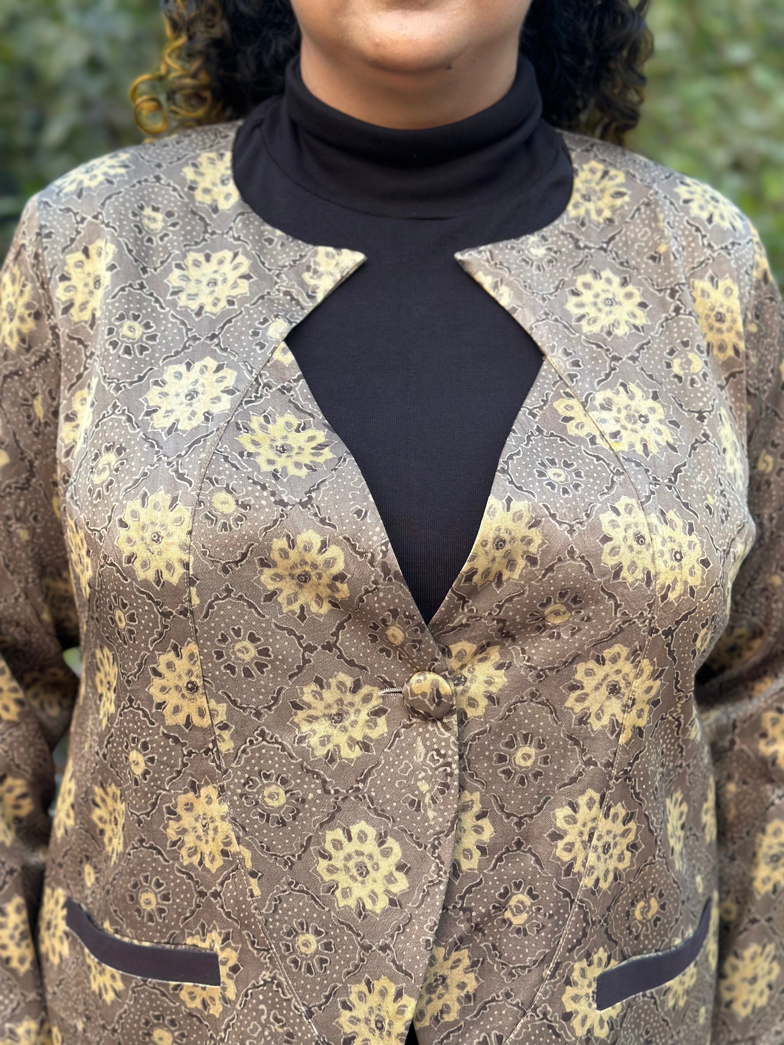 Beige Ajrakh Handblock Printed Mashru Silk Blazer