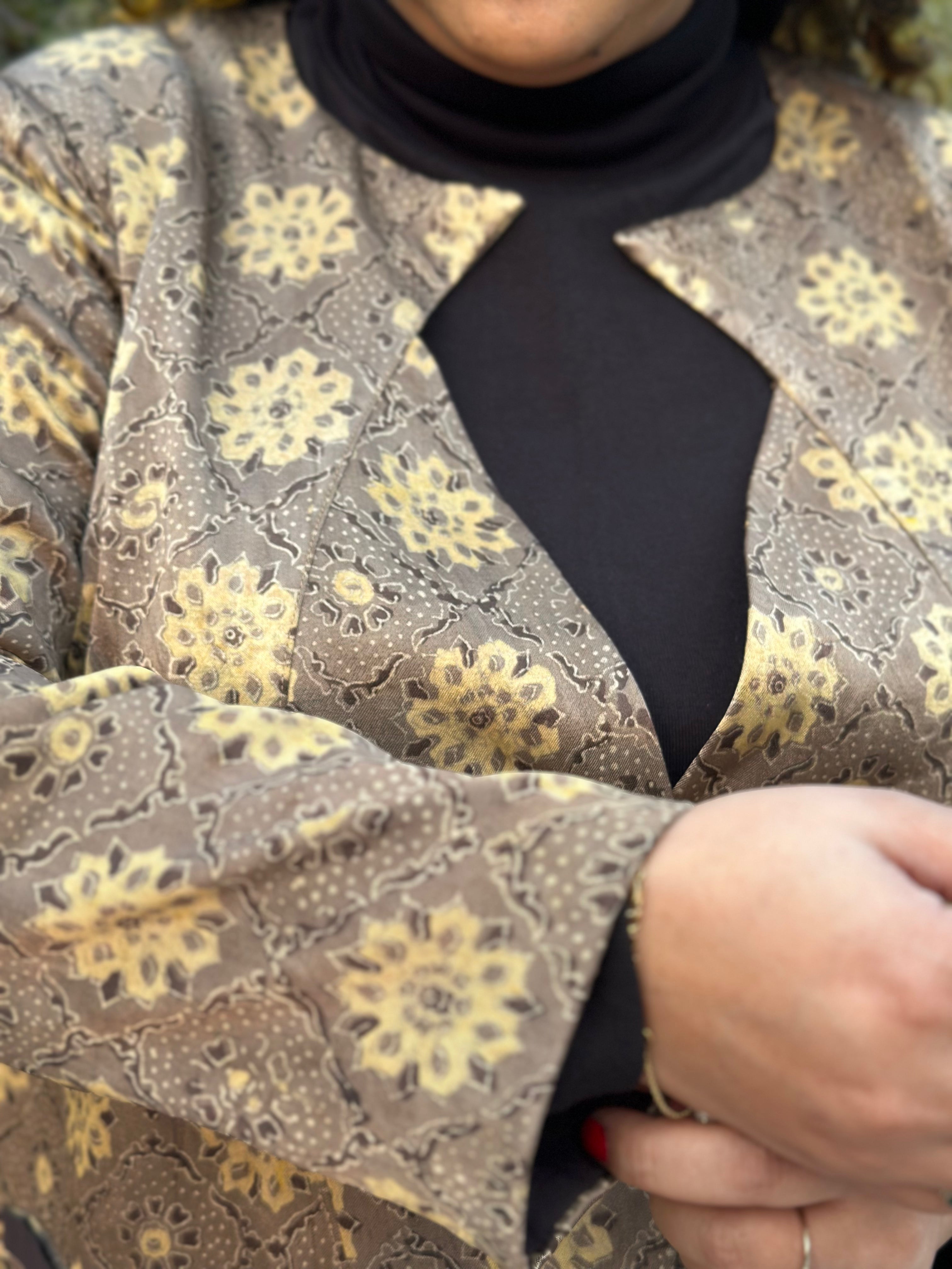 Beige Ajrakh Handblock Printed Mashru Silk Blazer