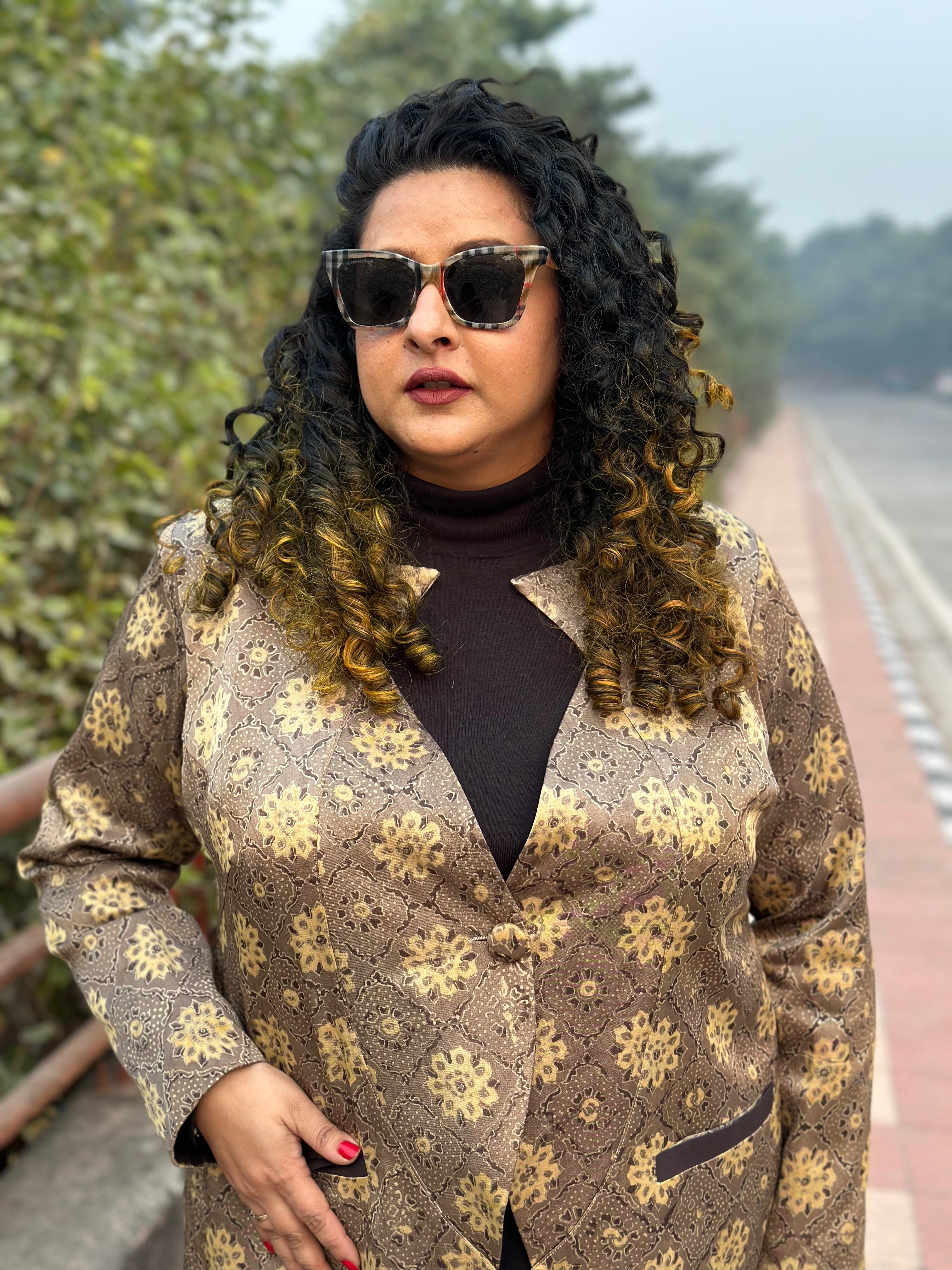 Beige Ajrakh Handblock Printed Mashru Silk Blazer