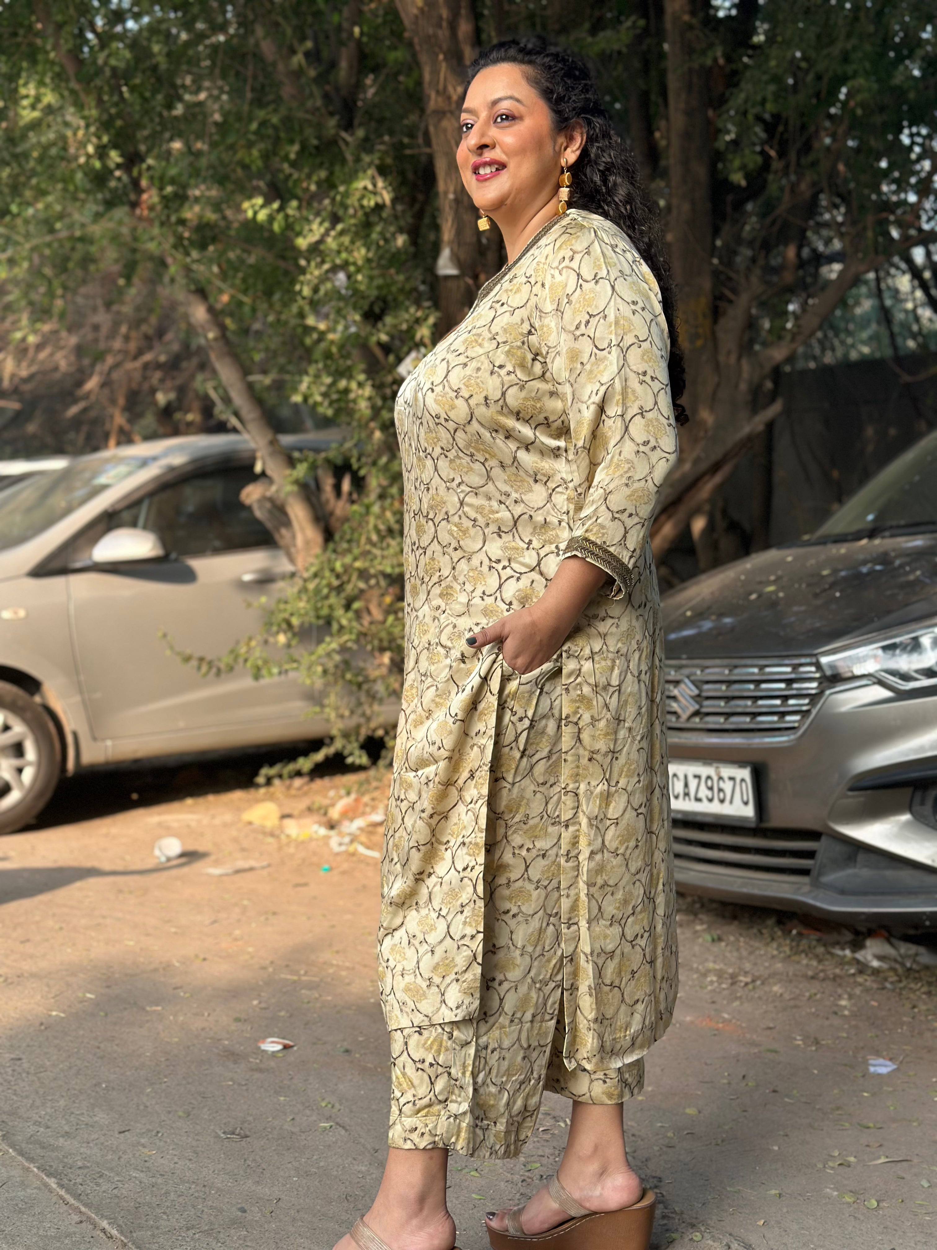 Beige  Ajrakh Modal Silk Hand block Print Kurta Pant Set